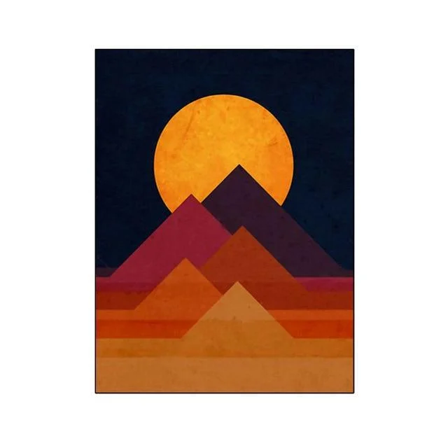 Golden Red Abstract Setting And Rising Sun Canvas With Mountain Unframed 955652