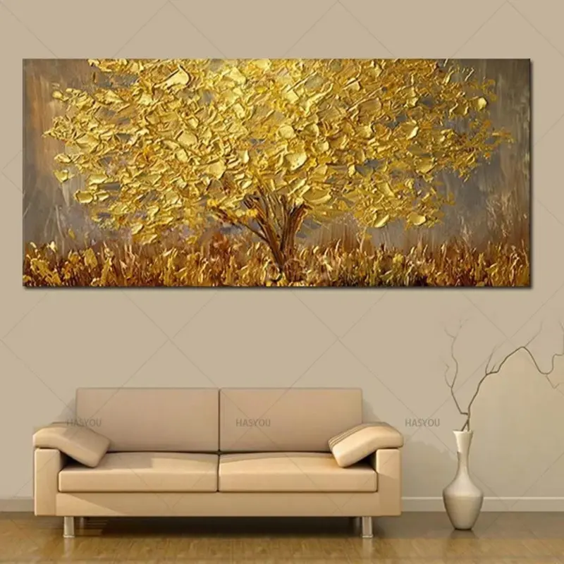 Hand painted gold tree oil painting on canvas large palette 3d paintings for living room modern abstract wall art pictures