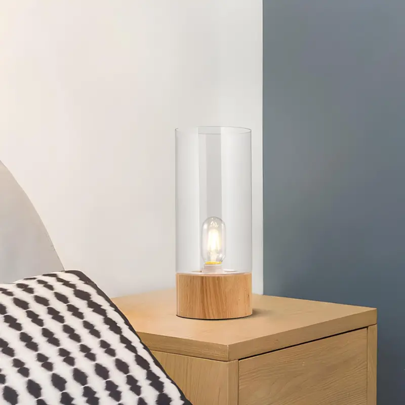 Lumeo stilvolle zylinder nachttischlampe natur holzfuss led modern xlumina