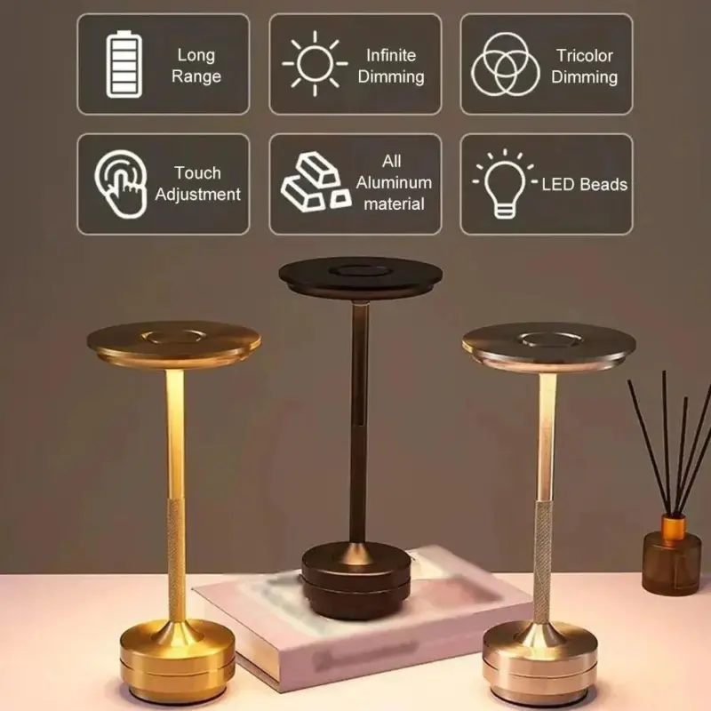 Minimalist metallic led cordless table lamp