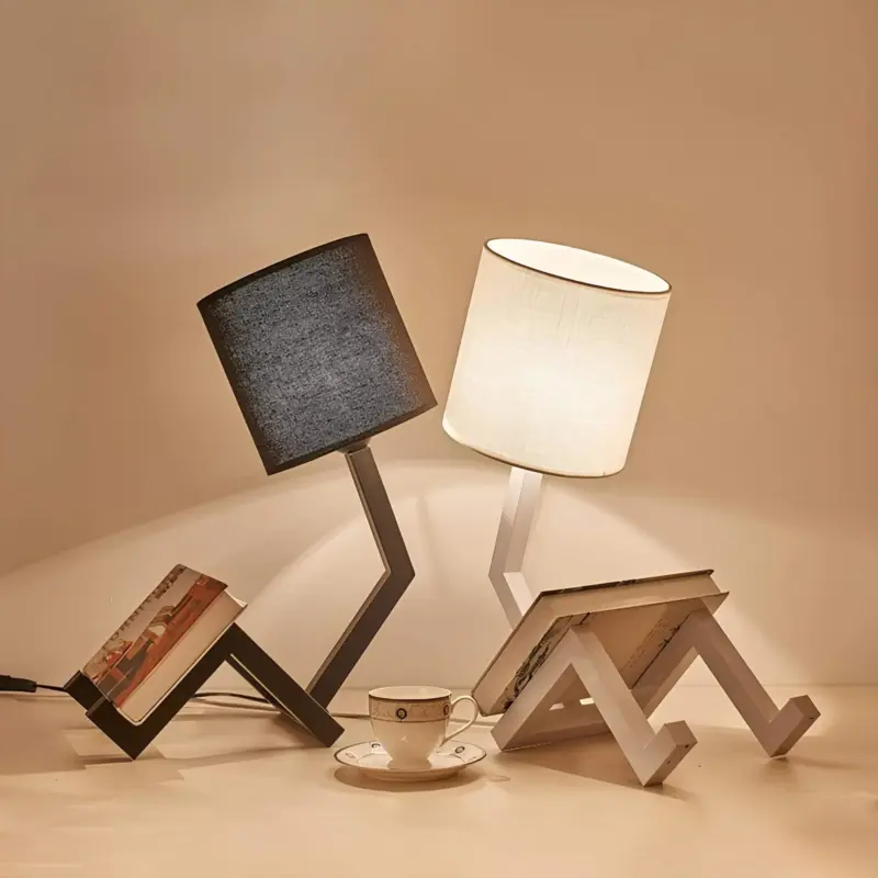 Nordiclight skandinavische tischleuchte mit integrierter buecherablage holz metall design wohnzimmer buero xlumina4