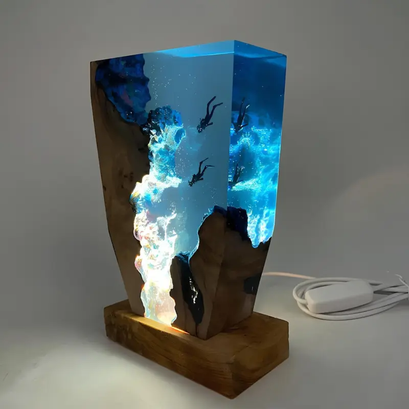 Ocean tiefen tischlampe blau glas metall led design lampe modern xlumina