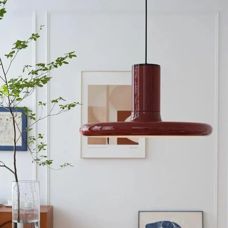 Retro style dark red saucer pendant light
