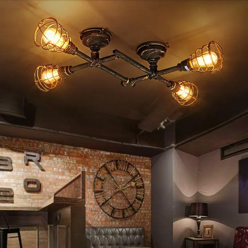 Rustic industrial semi flush ceiling light steampunk pipe fixture pendant lamp