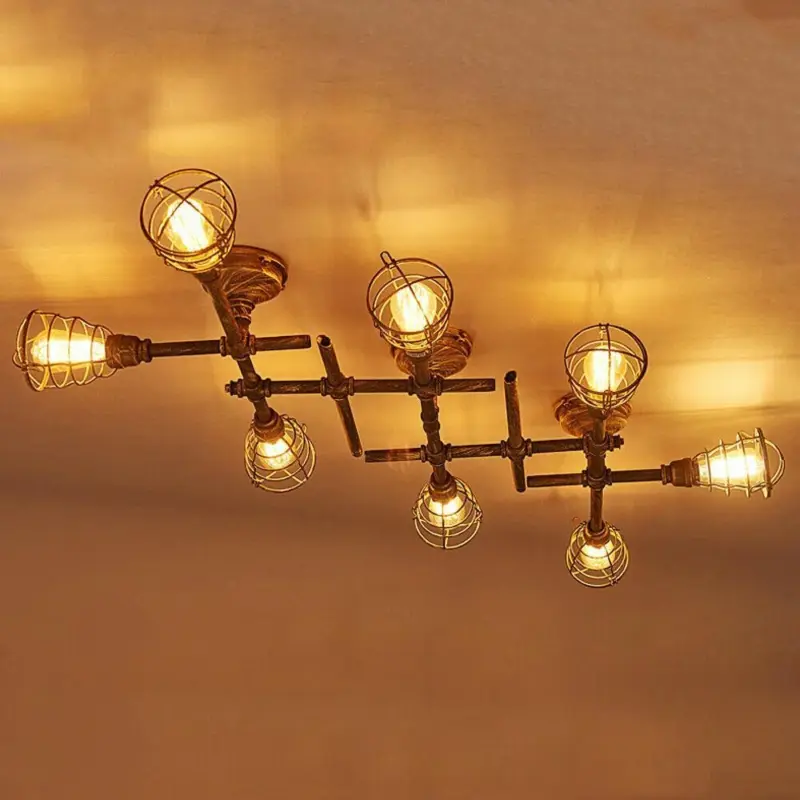 Rustic industrial semi flush ceiling light steampunk pipe fixture pendant lamp