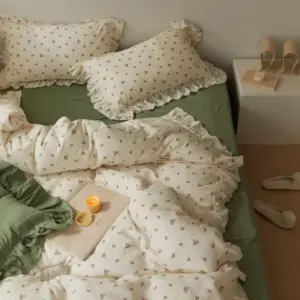 Sage Green Cute Peach Ruffled Bedsheet Set