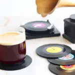 Six piece retro style vinyl record coaster set