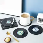 Six piece retro style vinyl record coaster set