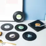Six piece retro style vinyl record coaster set