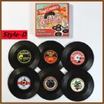 Six piece retro style vinyl record coaster set