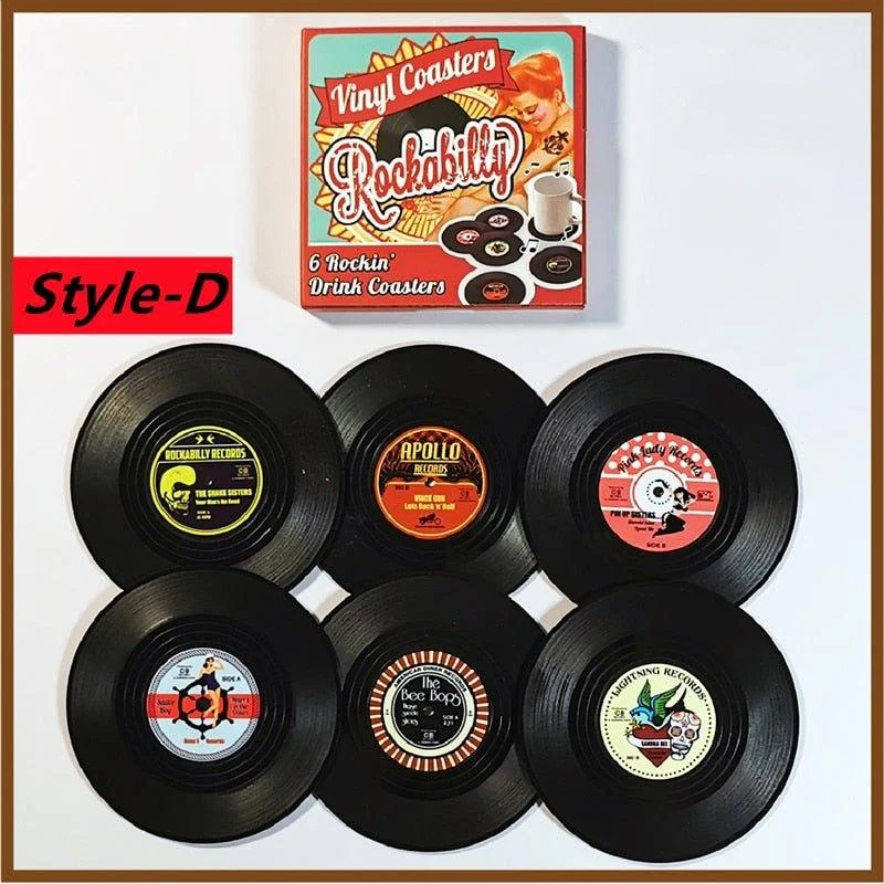 Six Piece Retro Style Vinyl Record Coaster Set 800454