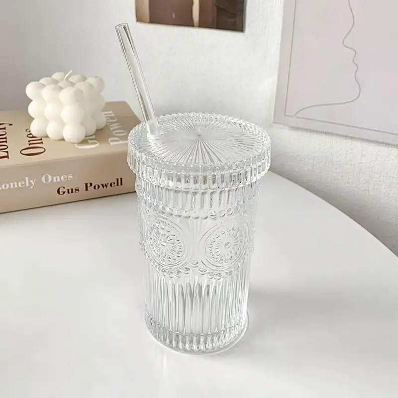 Sunflower ridged glass cup with strawdrinkswareliving simply house