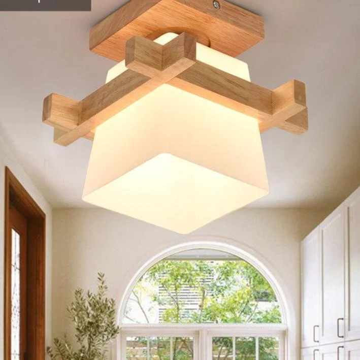 Tatami Japanese Ceiling Light For Home Lighting Glass Lampshade E27 Led Ceiling Lamp Wood Base Hallways Porch Fixtures 851196