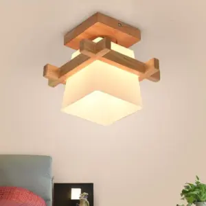 Tatami Japanese Ceiling Light for Home Lighting Glass Lampshade E27 LED Ceiling Lamp Wood Base Hallways Porch Fixtures