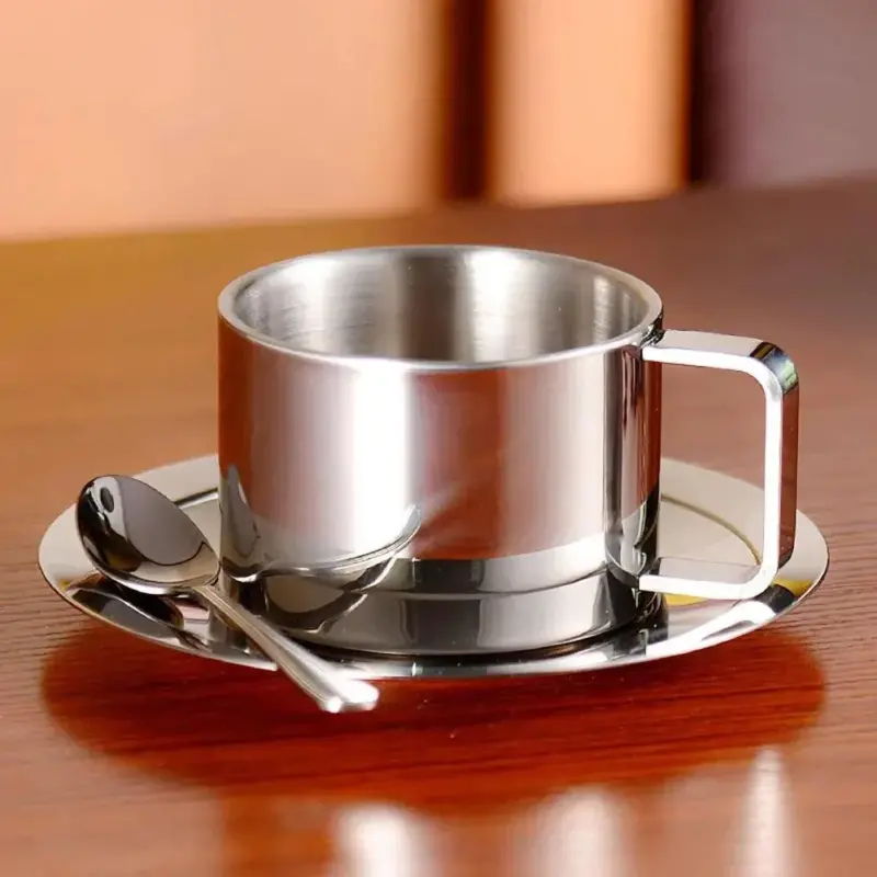 Three piece stainless steel coffee cup set