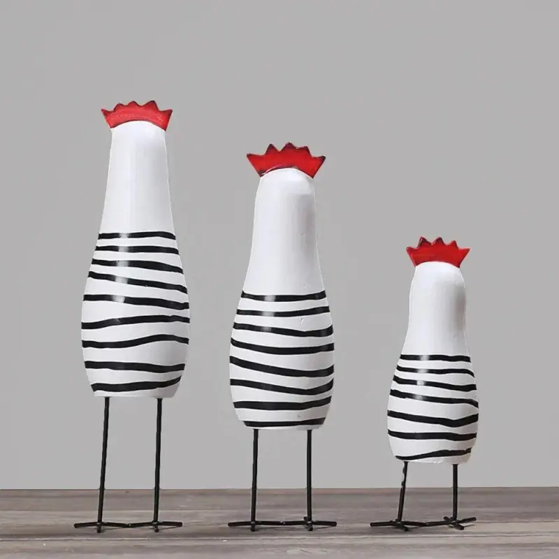 Three piece wooden rooster figurines set