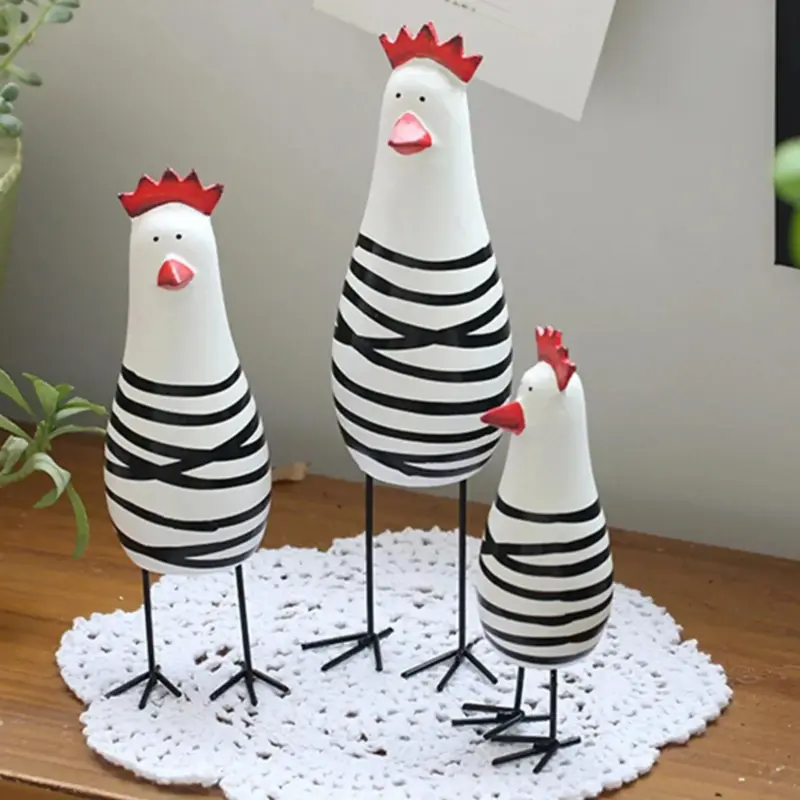 Three piece wooden rooster figurines set