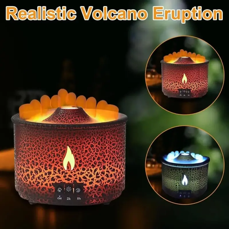 Uzi1Volcano Flame Air Humidifier Light Ultrasonic Essential Oil Aroma Diffuser for Home Room Fragrance Jellyfish Mist