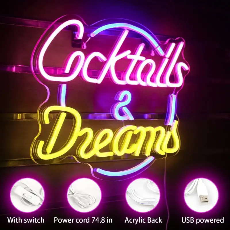 Vibrant cocktails beer led neon wall sign