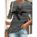 Womens halloween tunic t shirt striped cat 3d cartoon long sleeve print round neck womens tops black s dailysale