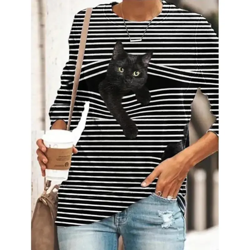 Womens halloween tunic t shirt striped cat 3d cartoon long sleeve print round neck womens tops black s dailysale
