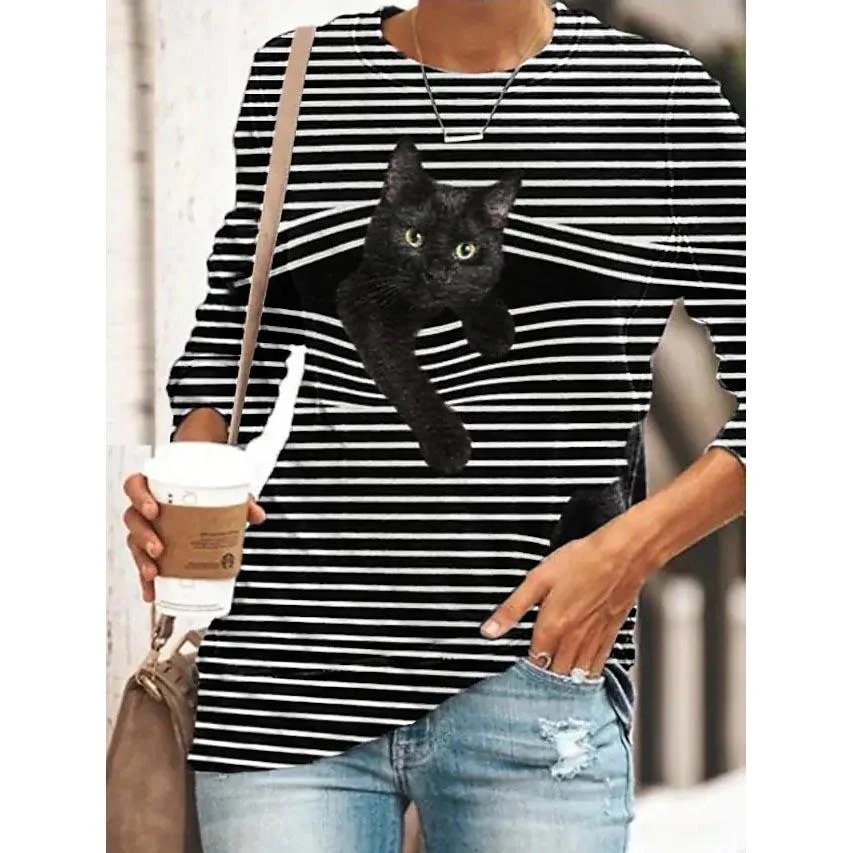 Womens Halloween Tunic T Shirt Striped Cat 3d Cartoon Long Sleeve Print Round Neck Womens Tops Black S Dailysale 497684