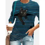 Womens halloween tunic t shirt striped cat 3d cartoon long sleeve print round neck womens tops blue s dailysale