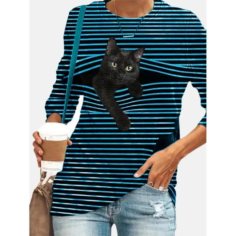 Womens halloween tunic t shirt striped cat 3d cartoon long sleeve print round neck womens tops blue s dailysale