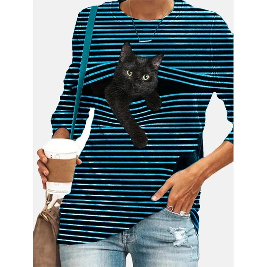 Womens Halloween Tunic T Shirt Striped Cat 3d Cartoon Long Sleeve Print Round Neck Womens Tops Blue S Dailysale 641817