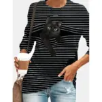 Womens halloween tunic t shirt striped cat 3d cartoon long sleeve print round neck womens tops gray s dailysale