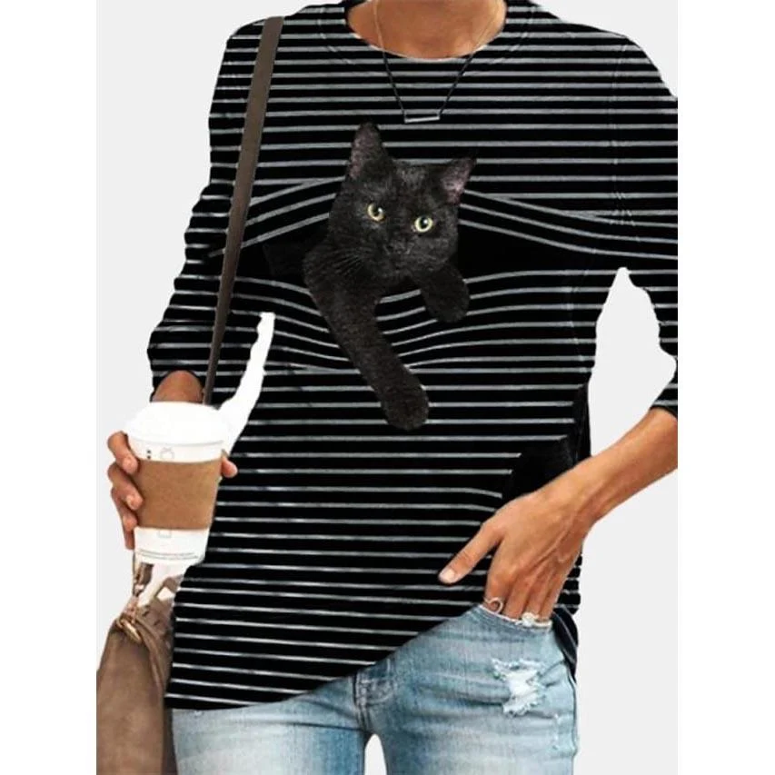 Womens Halloween Tunic T Shirt Striped Cat 3d Cartoon Long Sleeve Print Round Neck Womens Tops Gray S Dailysale 412567