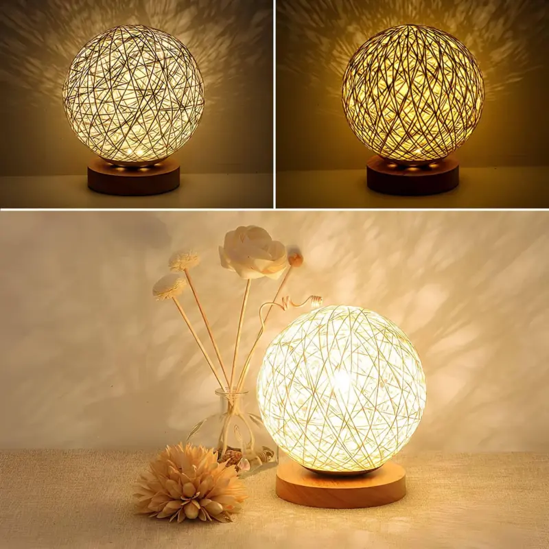 Woven glow rattan kugel tischlampe naturliches licht warmes ambiente xlumina3