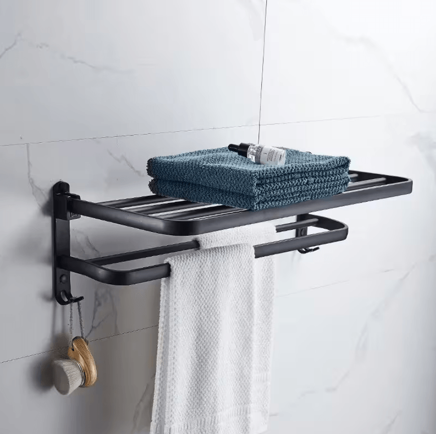 Matte Black 50CM Folding Rack with Hooks, Wall Mounted Aluminum Towel Holder (1)