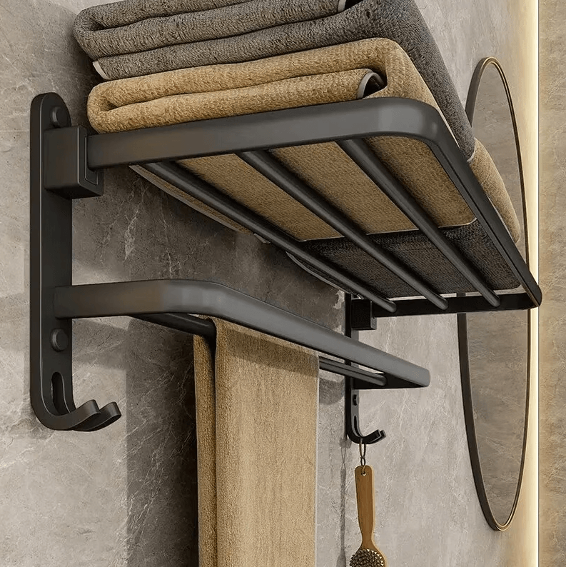 Matte Black 50CM Folding Rack with Hooks, Wall Mounted Aluminum Towel Holder (7)